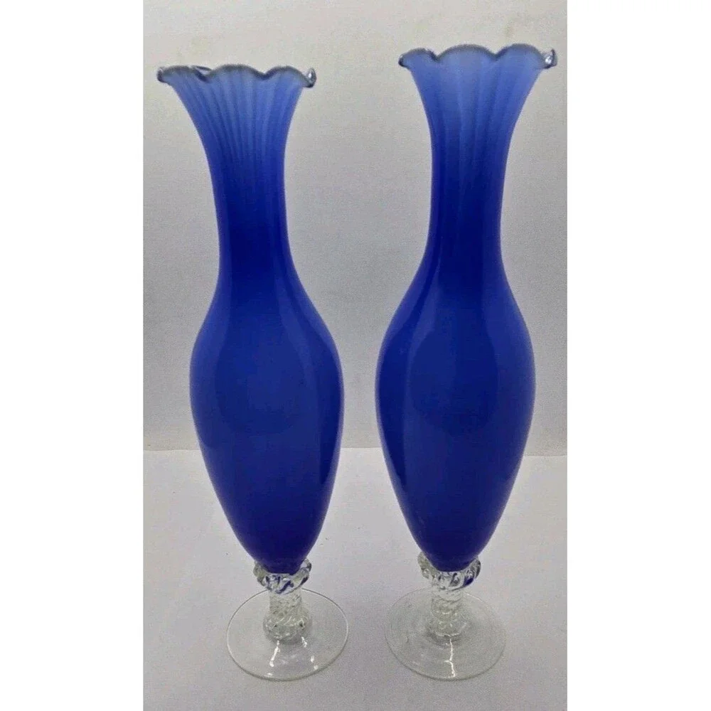 Hand Blown Murano Art Cobalt Blue Encased Opulescent Ruffled Swirl Glass Vase